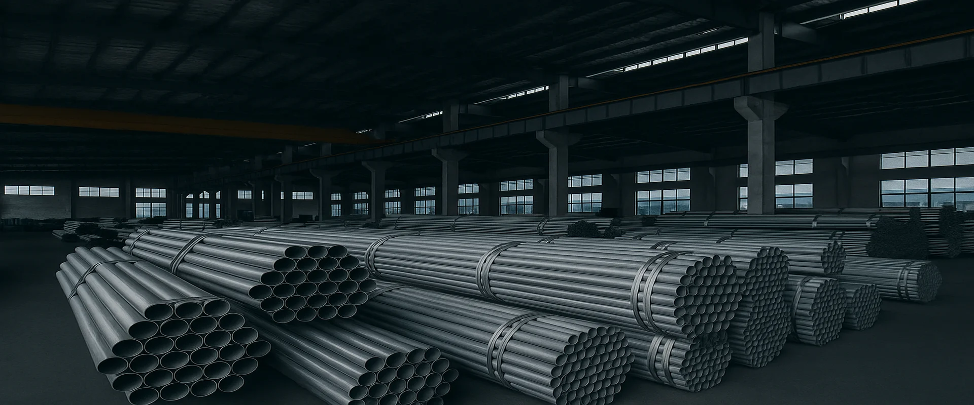 Stacks of stainless steel pipes neatly arranged in a factory warehouse