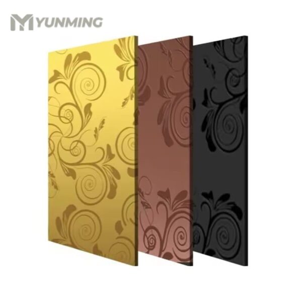 Gold, rose gold, and black etched stainless steel decorative sheets