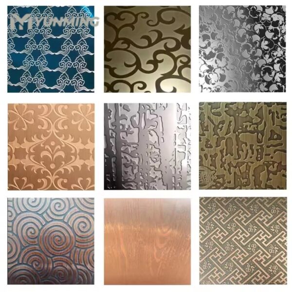 Collection of etched stainless steel decorative sheets with various patterns