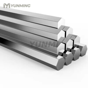 Polished stainless steel hexagonal bars stacked in uniform lengths