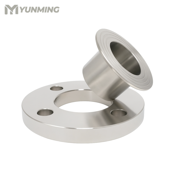Stainless steel lap joint flange and stub end shown separately for industrial piping systems