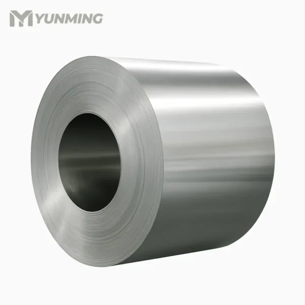 Large super duplex stainless steel coil roll on a clean white background