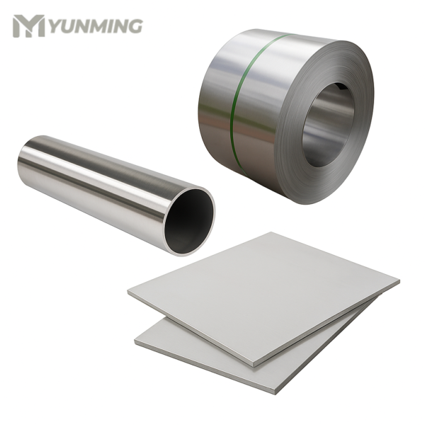 Super duplex stainless steel pipe, coil, and plate displayed on white background