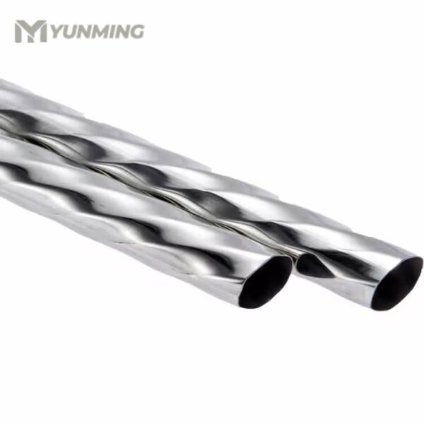 Close-up view of mirror polished twisted stainless steel tube