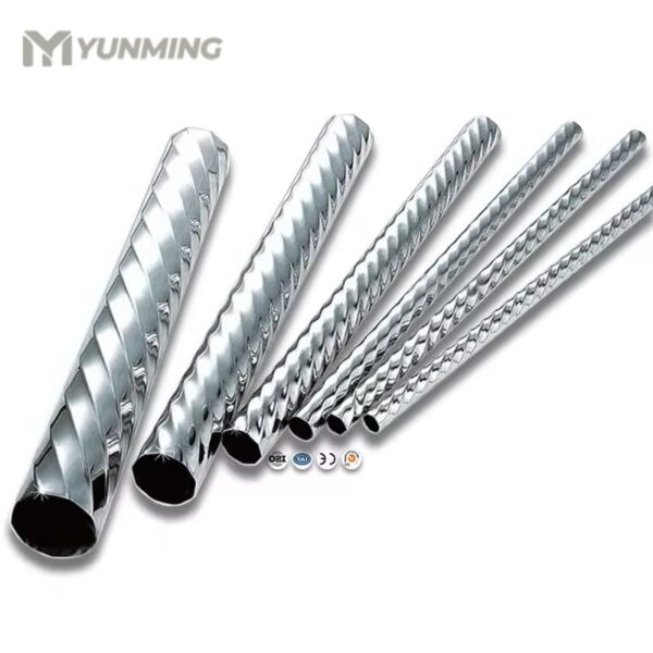 Decorative polished stainless steel twisted pipes with reflective surface