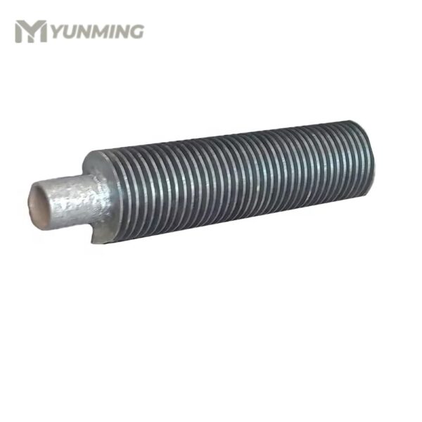 single stainless steel finned pipe on white background
