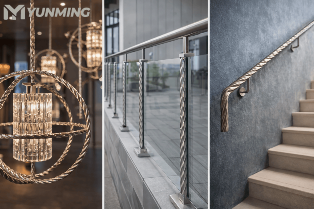 Tubo de acero inoxidable trenzado utilizado en luminarias, sistemas de barandillas de cristal y pasamanos de escaleras para aplicaciones arquitectónicas decorativas.