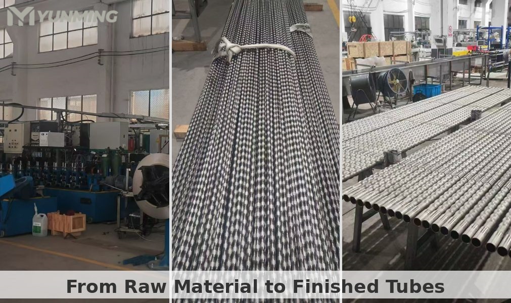 Proceso de producción de tubos trenzados de acero inoxidable con equipos de conformado, tubos acabados y textura superficial detallada