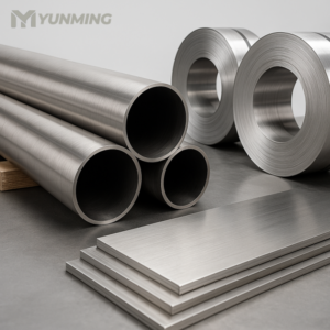 Industrial 904L stainless steel pipe, plate, and coil with varied dimensions on white background
