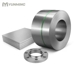 Precipitation hardening stainless steel bar, plate, and flange on white background