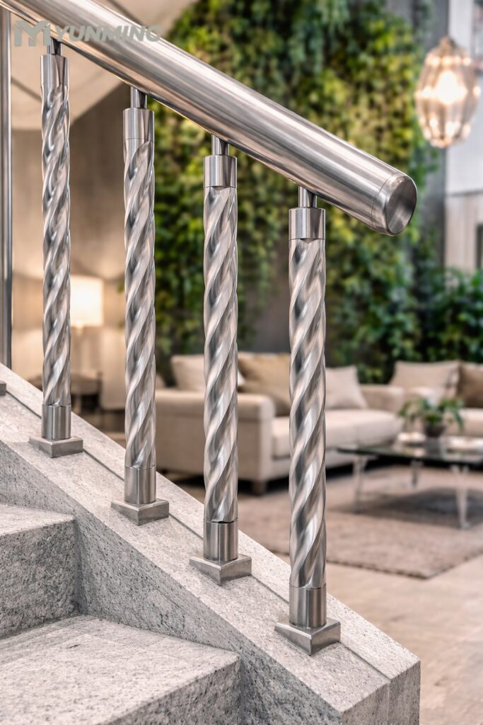 Stainless steel helical flat tube used as decorative railing element in shopping mall