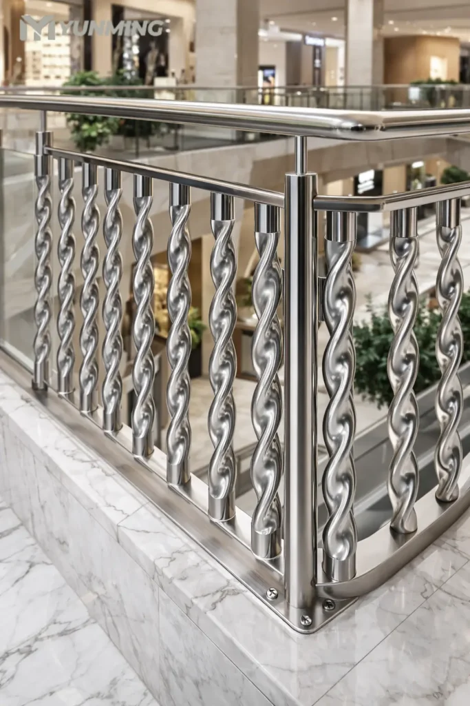 Decorative stainless steel tubes used in railing systems with polished twisted design for modern architectural applications