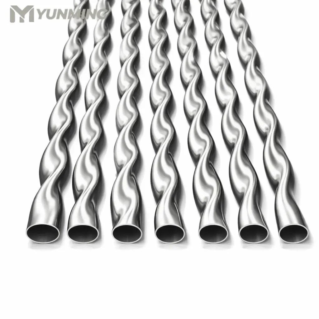 Helical flat stainless steel tubes with polished surface finish for decorative and architectural applications
