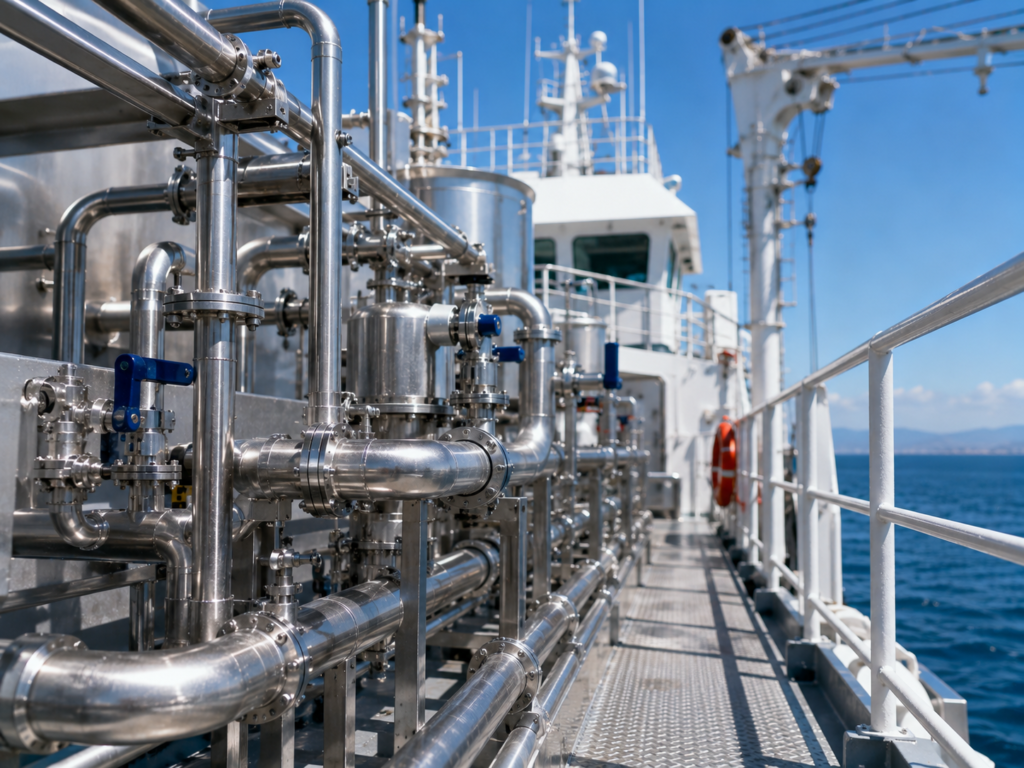 Corrosion-resistant stainless steel tubes and piping systems for marine applications, shipbuilding, offshore platforms, seawater cooling systems, and marine engineering.