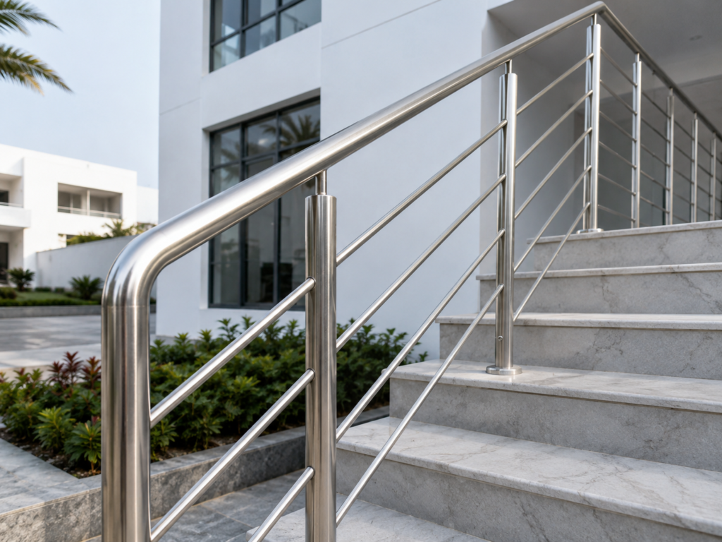 Modern stainless steel handrail system installed on an architectural staircase using decorative stainless steel tubes for commercial and residential buildings.